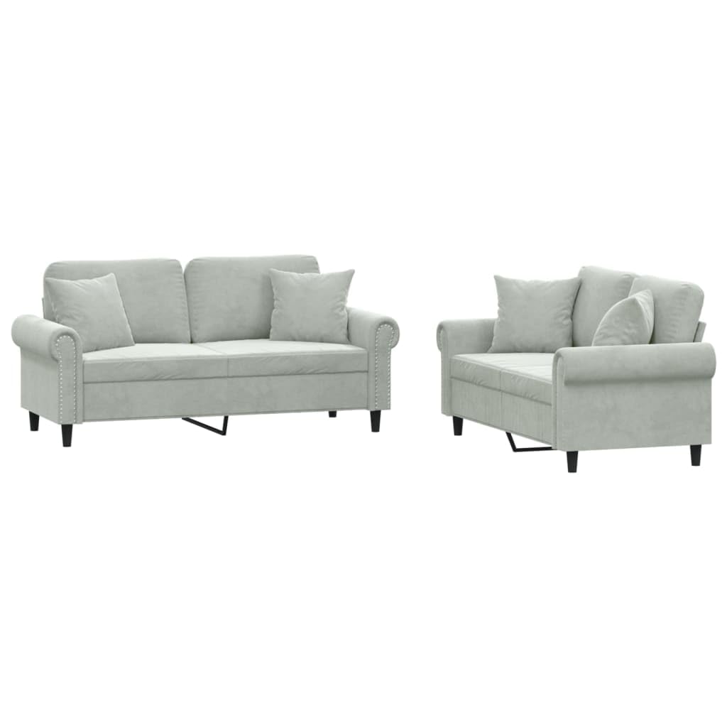 Light Gray Velvet 2 Piece Sofa Set with Throw Pillows D76939