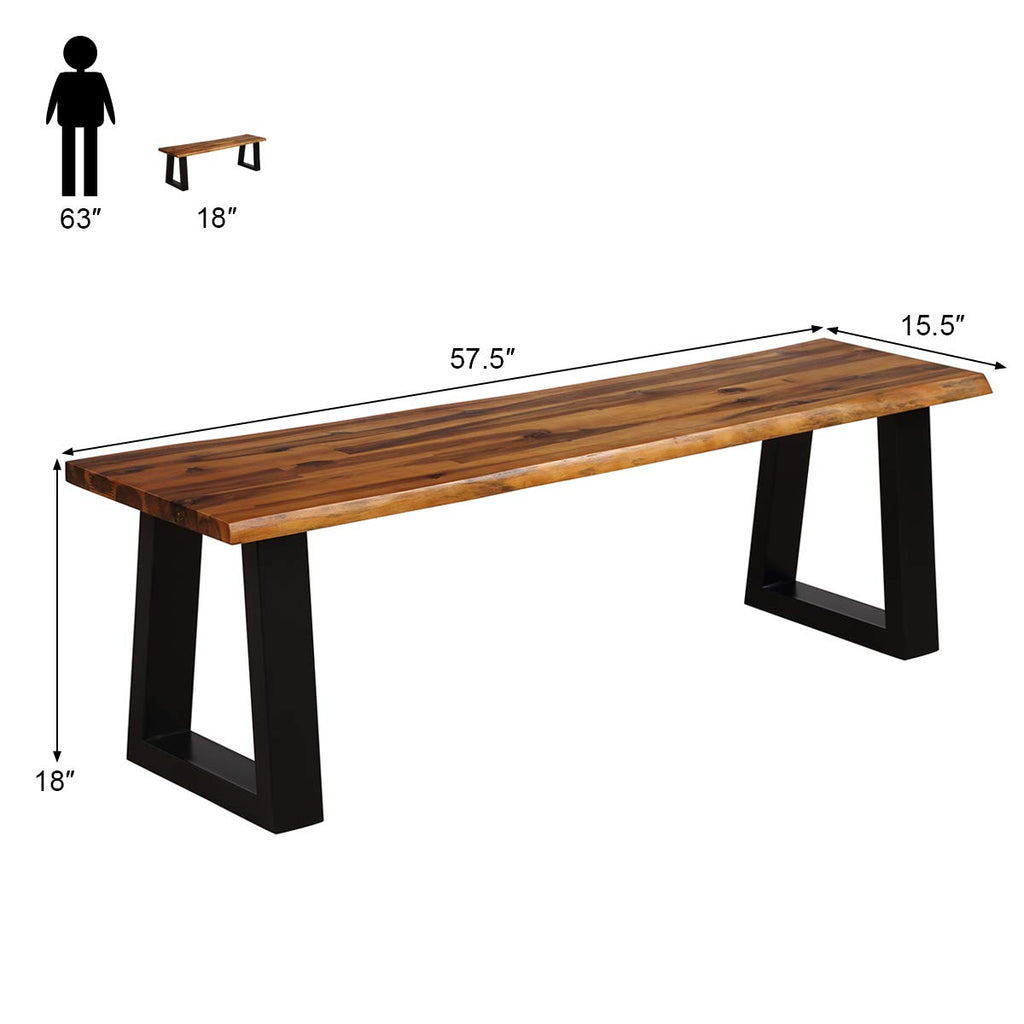 57.5" Live Edge Acacia Wood Outdoor Dining Bench with Metal Legs X961166
