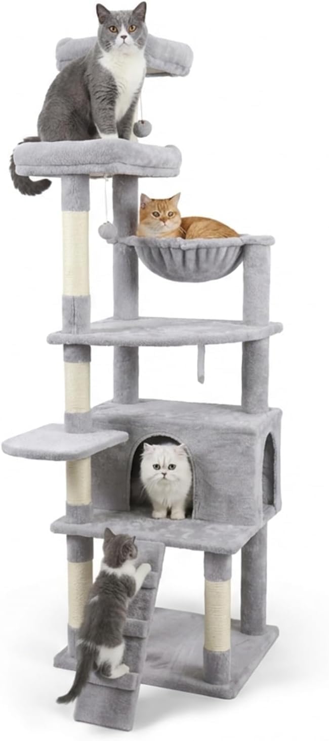 71-Inch Multi-Level Tall Cat Tree with Hammock and Cat Cave D696884