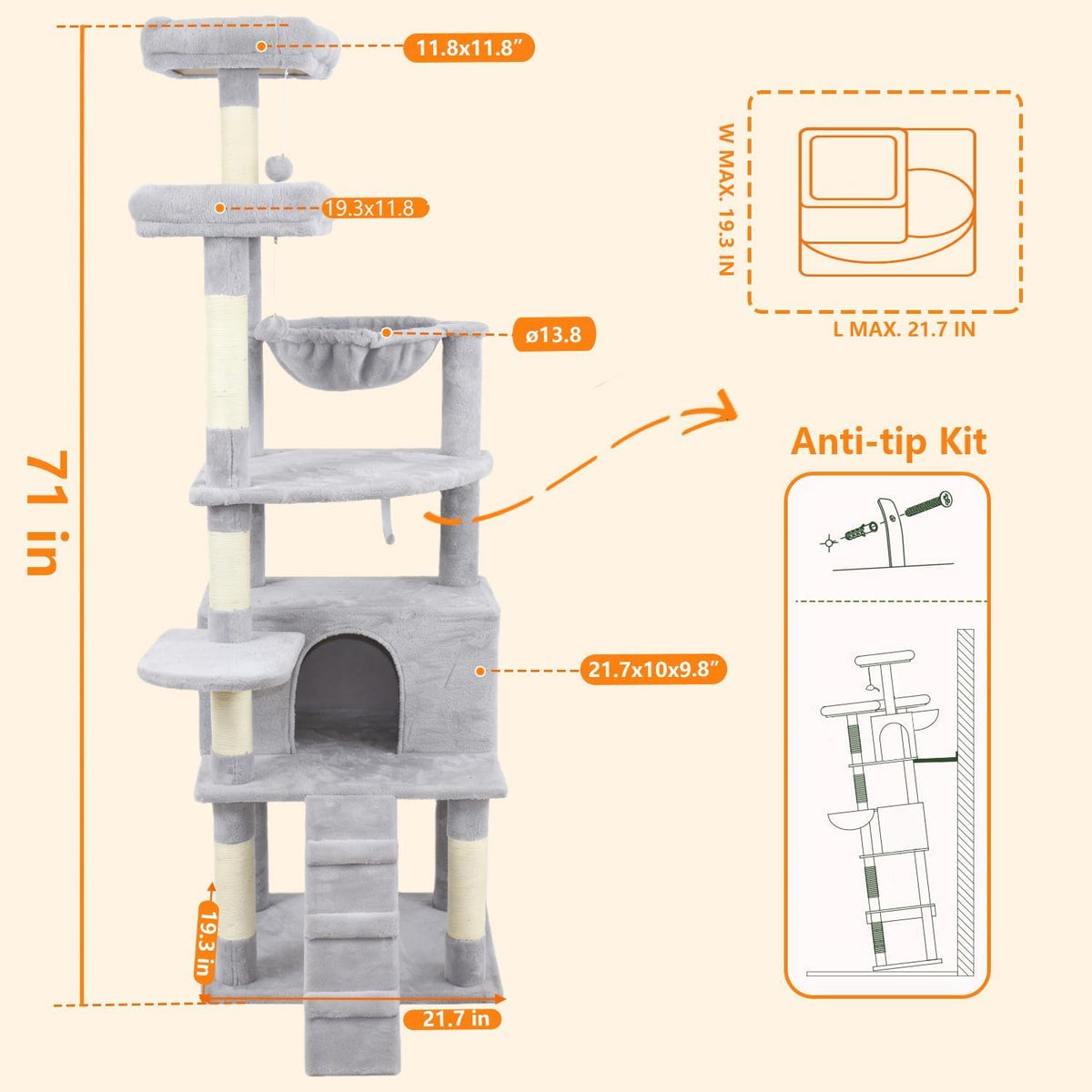 71-Inch Multi-Level Tall Cat Tree with Hammock and Cat Cave D696884