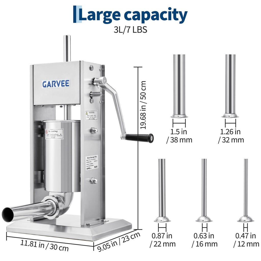 3L Stainless Steel Manual Sausage Stuffer with 5 Filling Tubes Q976