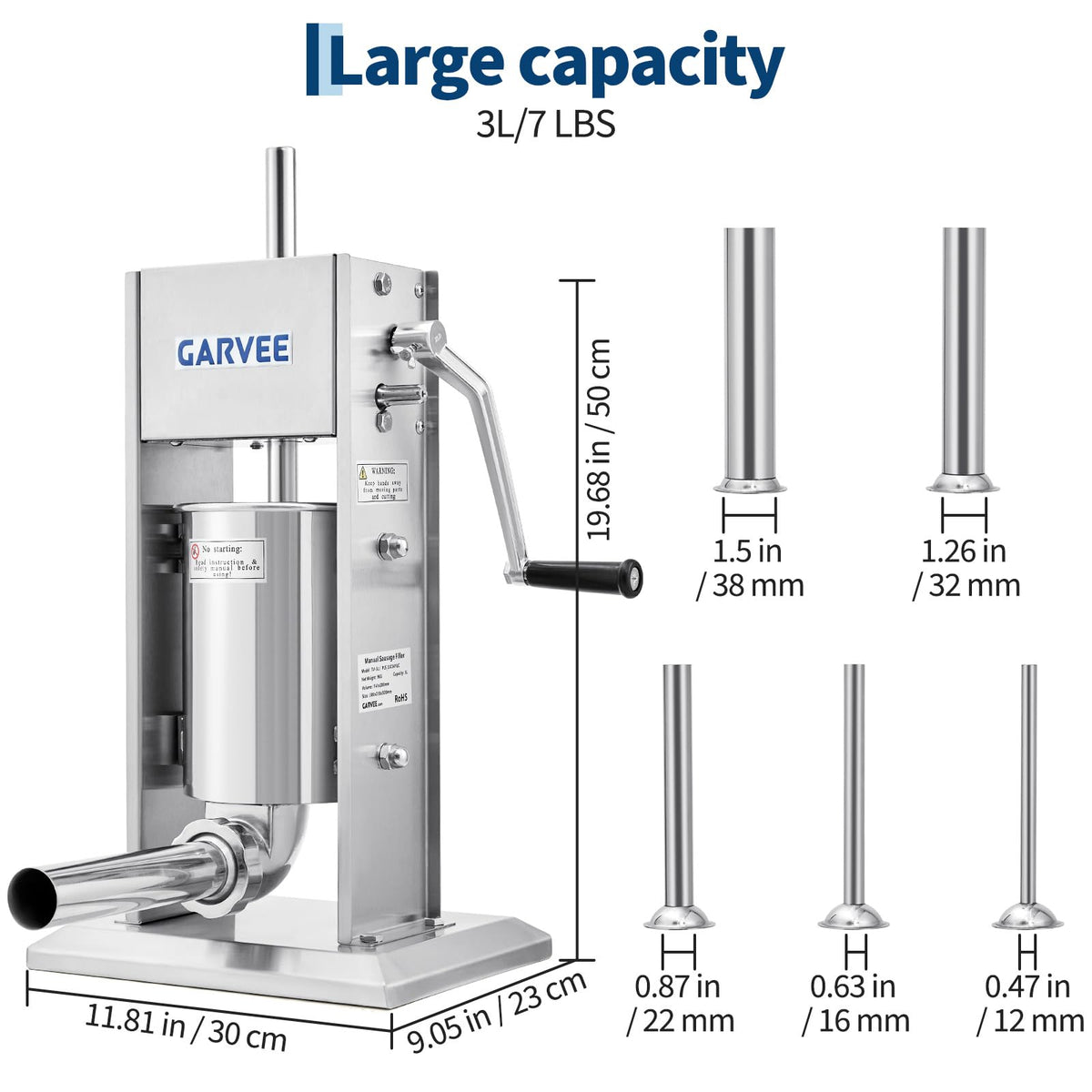 3L Stainless Steel Manual Sausage Stuffer with 5 Filling Tubes Q976