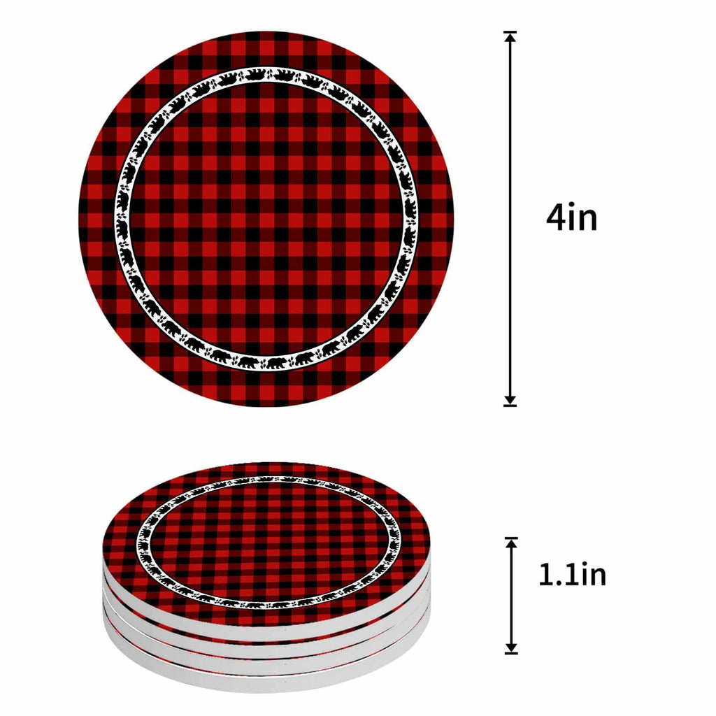 Red Black Buffalo Plaid Set of 6 Absorbent Stone Ceramic Coasters with Holder I10531