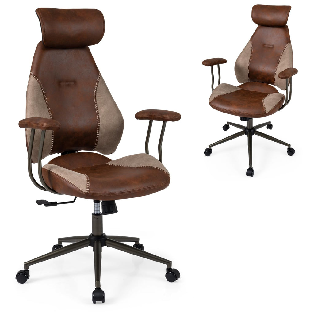 Brown Faux Fur Ergonomic Office Chair with Headrest and Wheels J665352