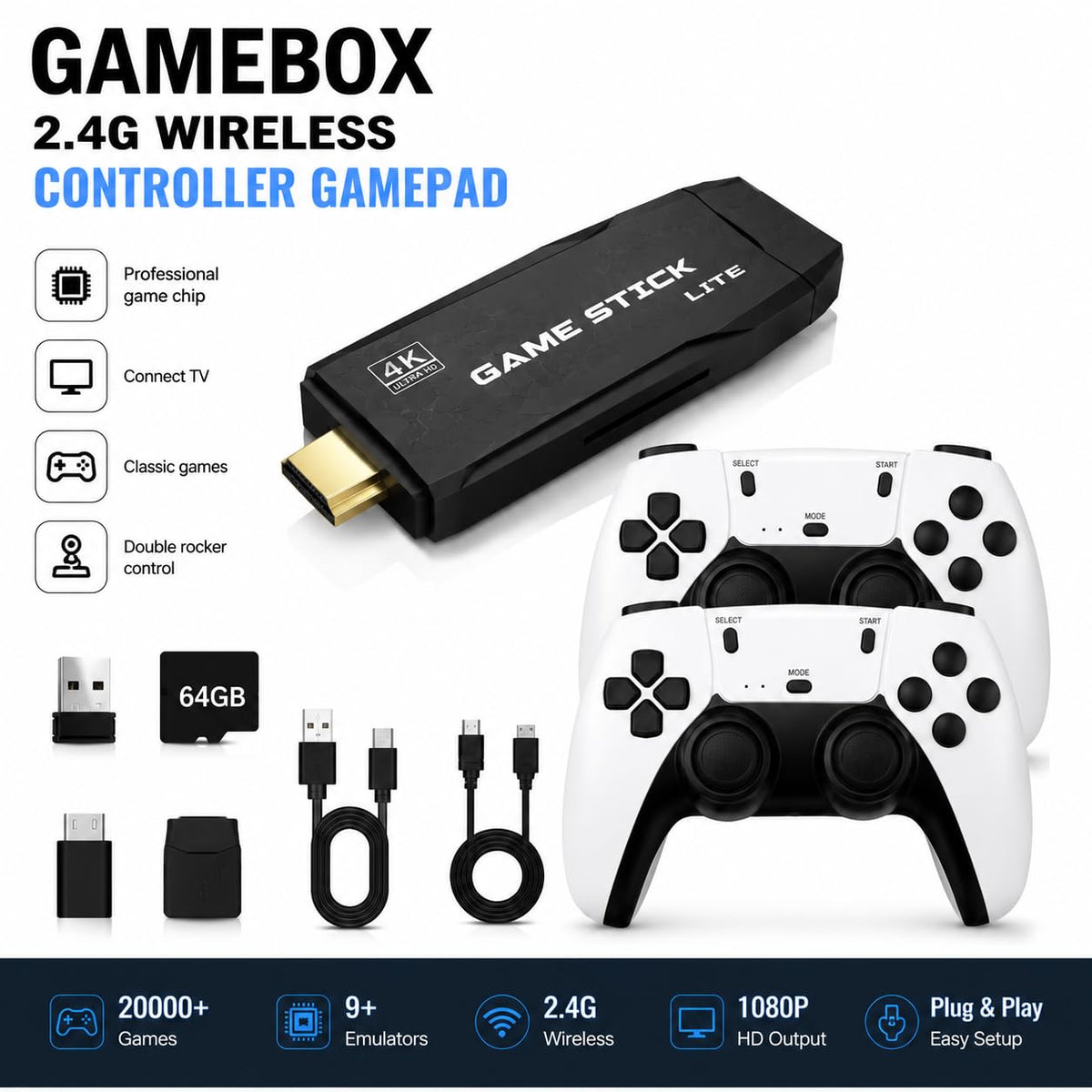 Wireless Retro Game Console with 2 Black Controllers O303