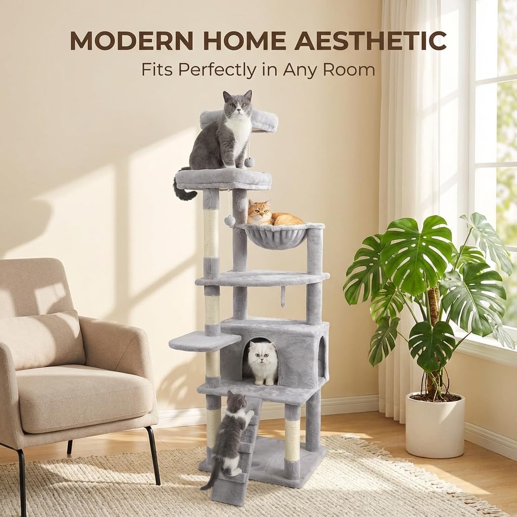 71-Inch Multi-Level Tall Cat Tree with Hammock and Cat Cave D696884
