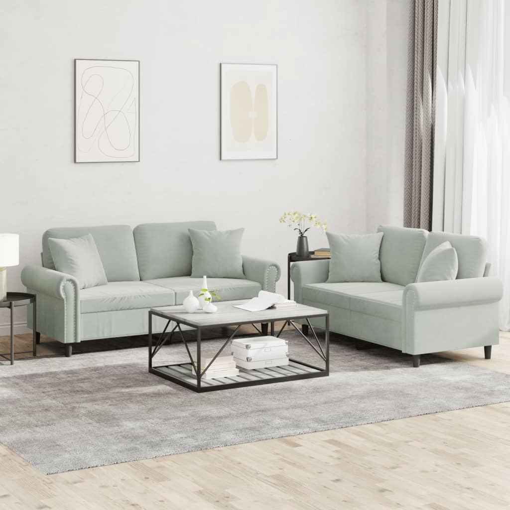 Light Gray Velvet 2 Piece Sofa Set with Throw Pillows D76939