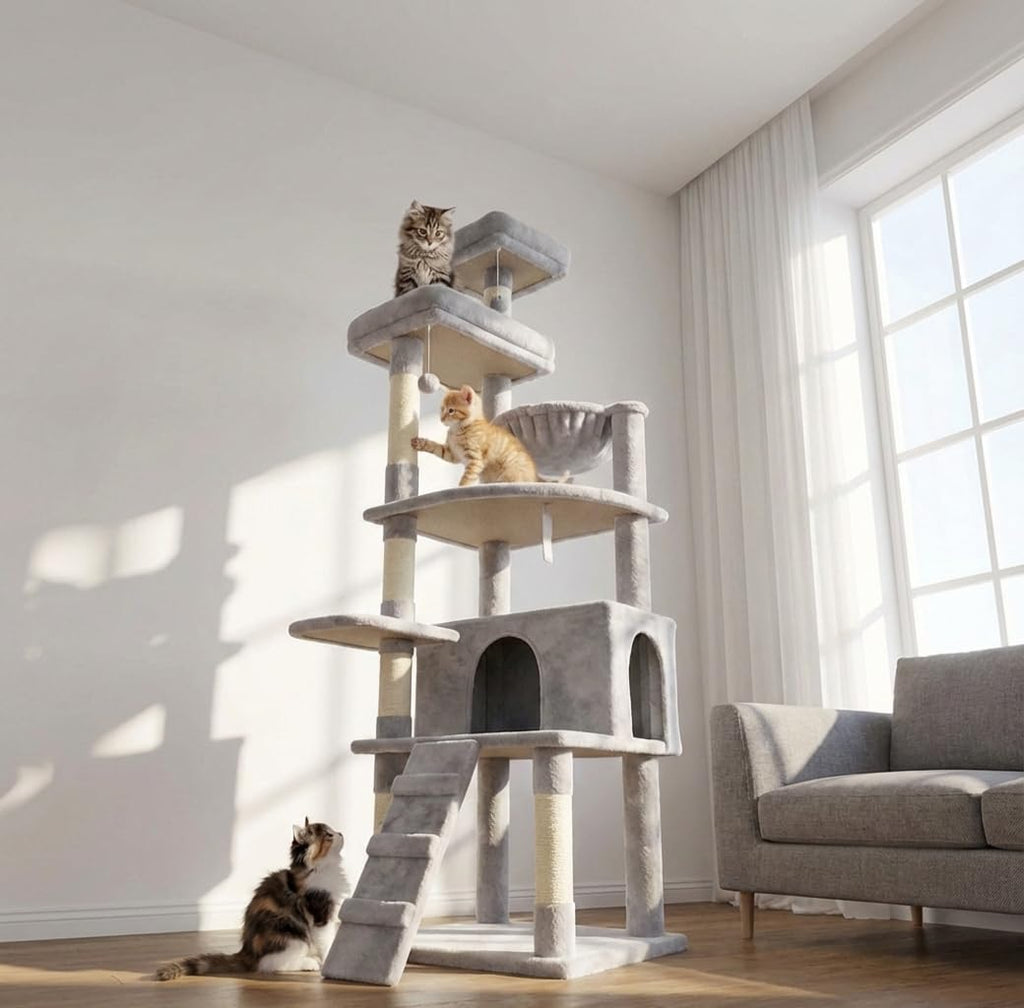 71-Inch Multi-Level Tall Cat Tree with Hammock and Cat Cave D696884