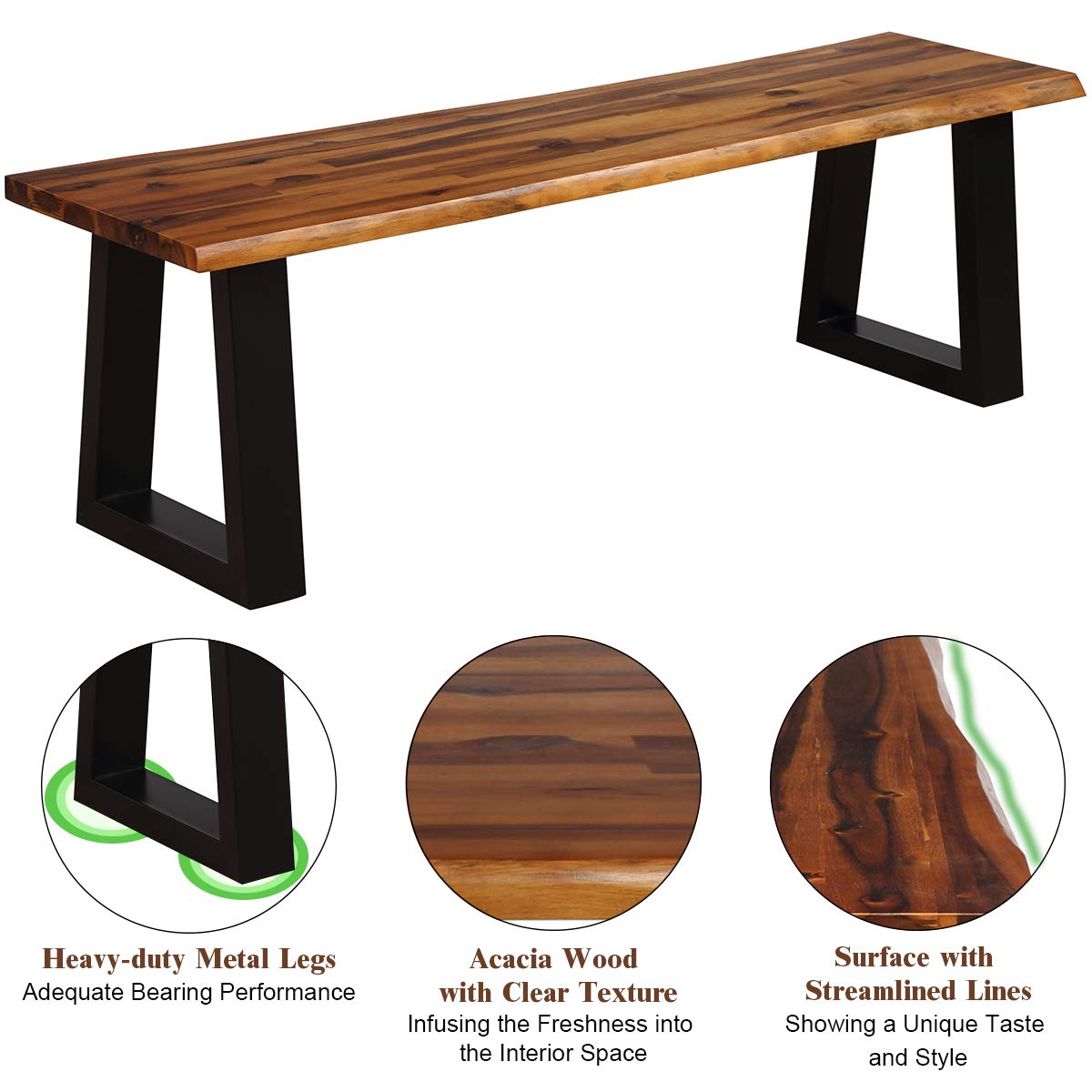 57.5" Live Edge Acacia Wood Outdoor Dining Bench with Metal Legs X961166