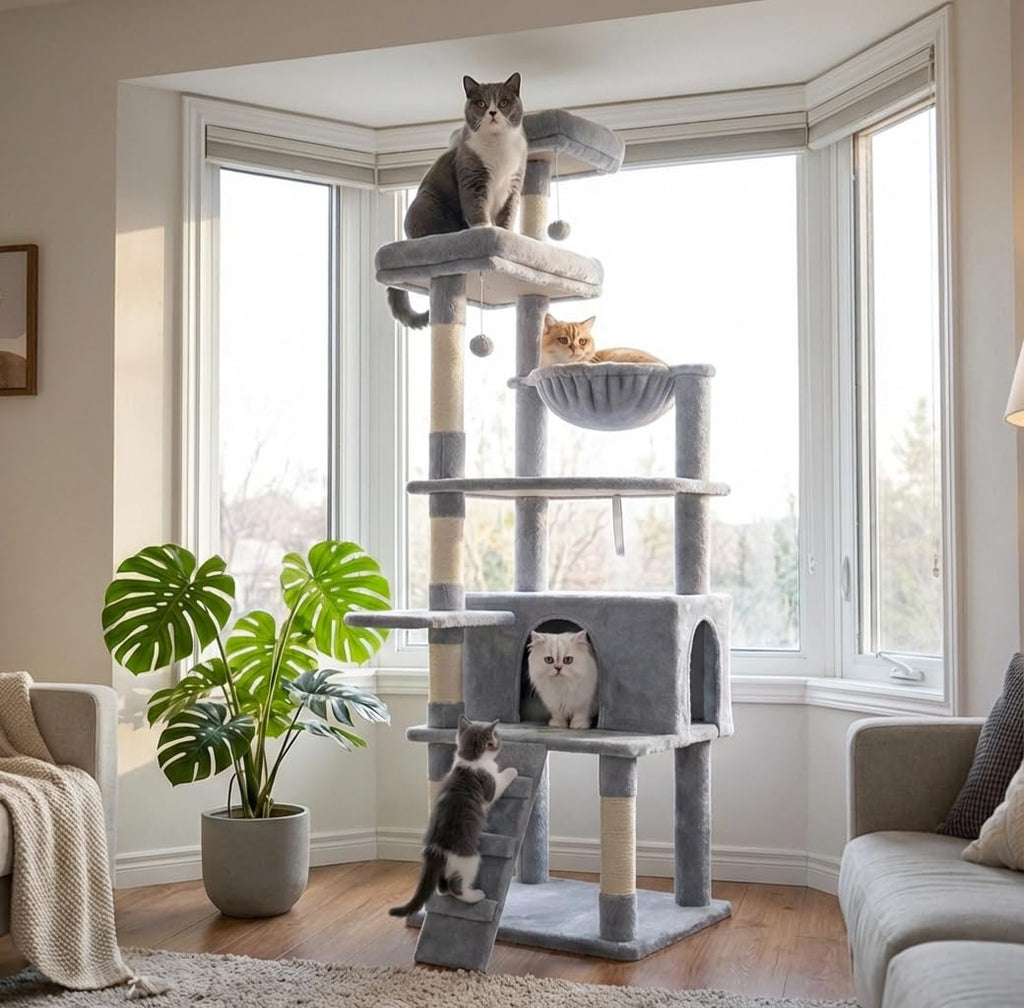 71-Inch Multi-Level Tall Cat Tree with Hammock and Cat Cave D696884