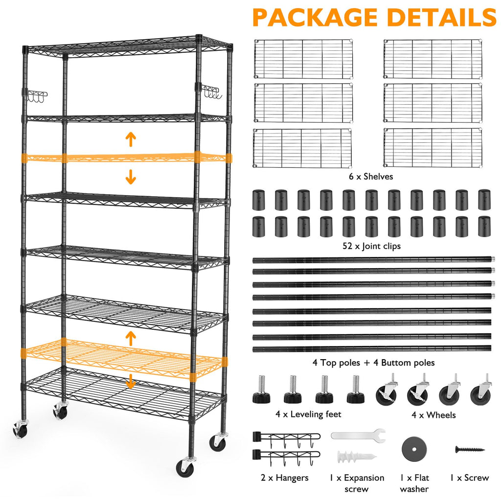 6 Tier Heavy Duty Adjustable Metal Wire Shelving Rack with Wheels, Black K248146