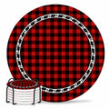 Red Black Buffalo Plaid Set of 6 Absorbent Stone Ceramic Coasters with Holder I10531
