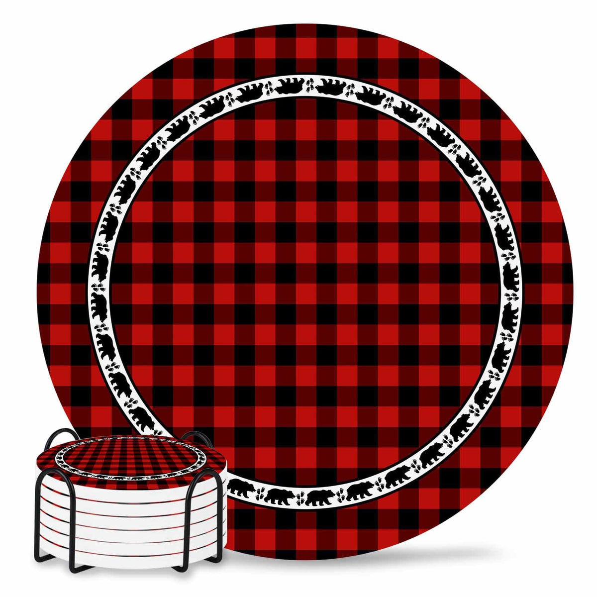 Red Black Buffalo Plaid Set of 6 Absorbent Stone Ceramic Coasters with Holder I10531