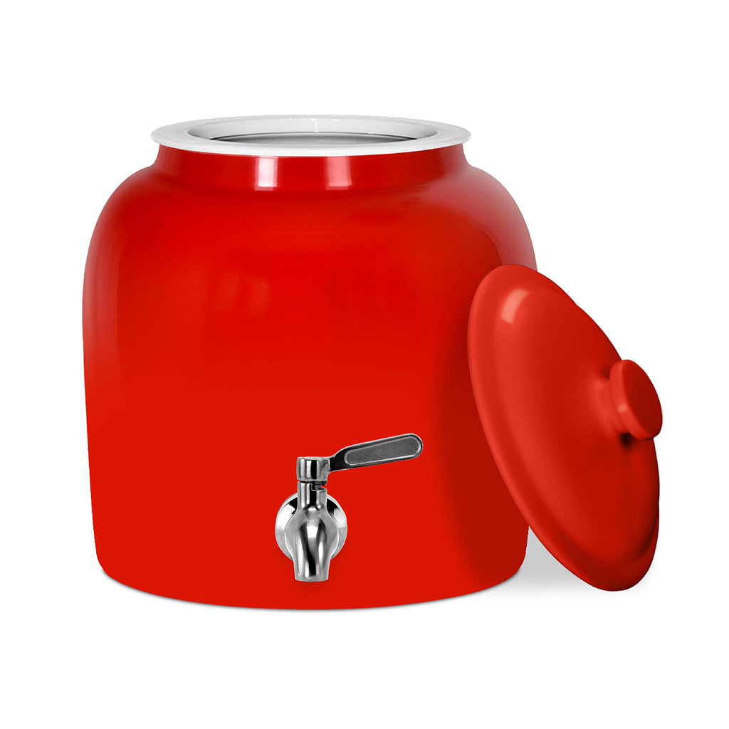 Porcelain Ceramic Crock Water Dispenser with Stainless Steel Faucet and Lid R52228