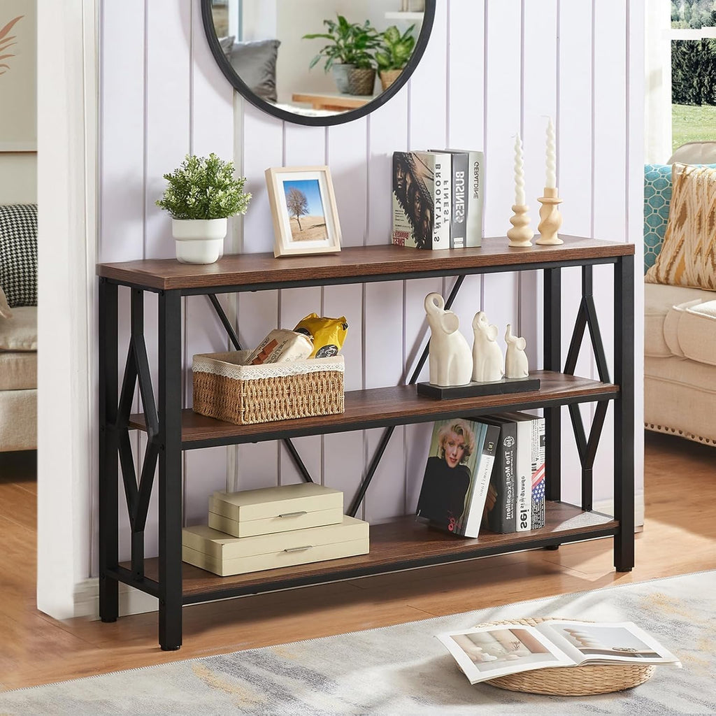Brown 47 Inch Sofa Console Table with 3 Tier Bookshelf N318