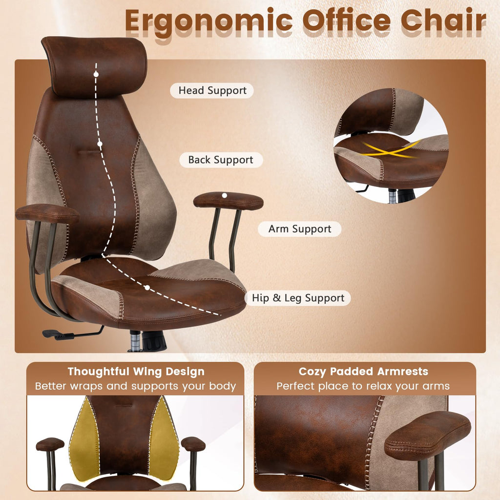 Brown Faux Fur Ergonomic Office Chair with Headrest and Wheels J665352
