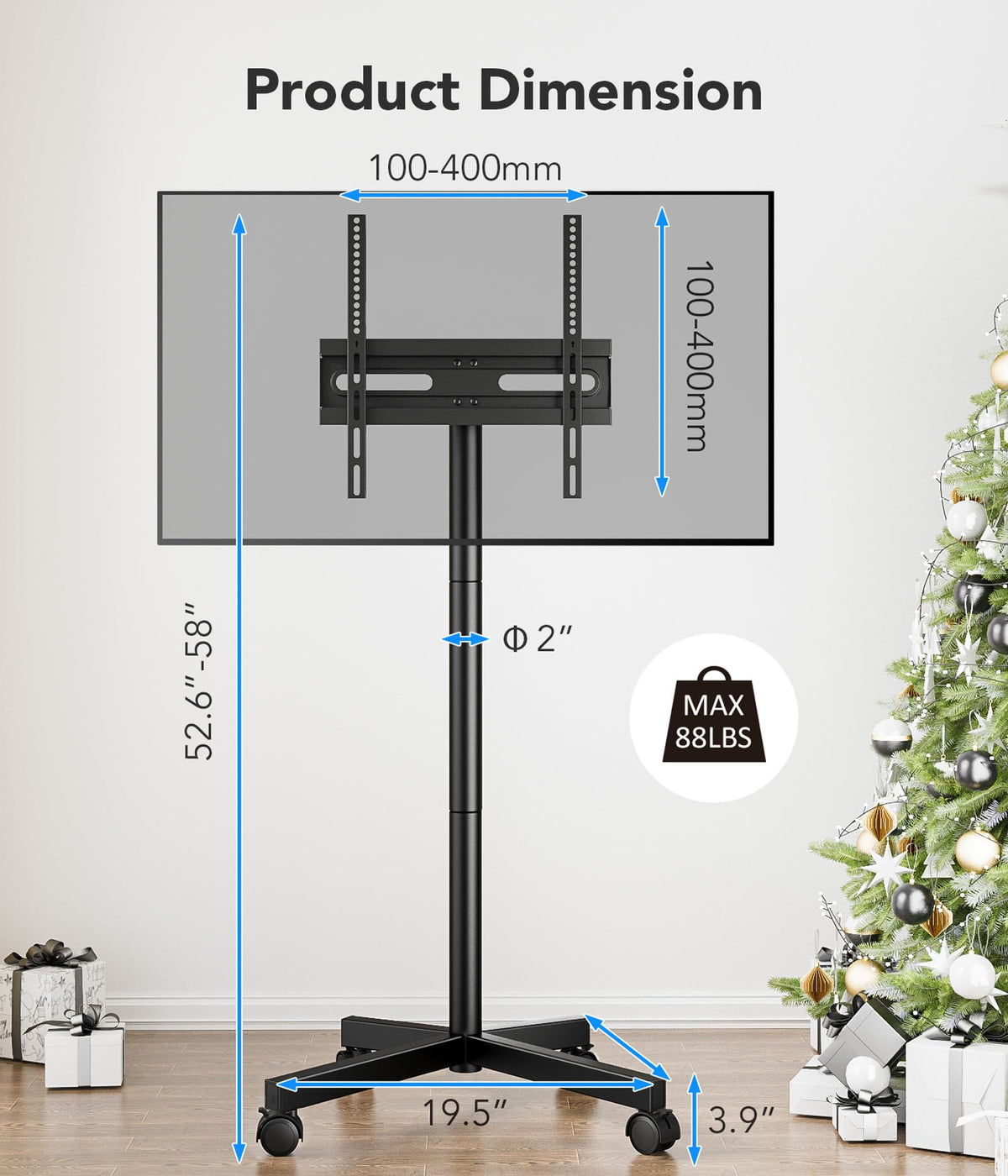 Mobile TV Cart Stand with Wheels, Height Adjustable, Holds up to 88 lbs I423