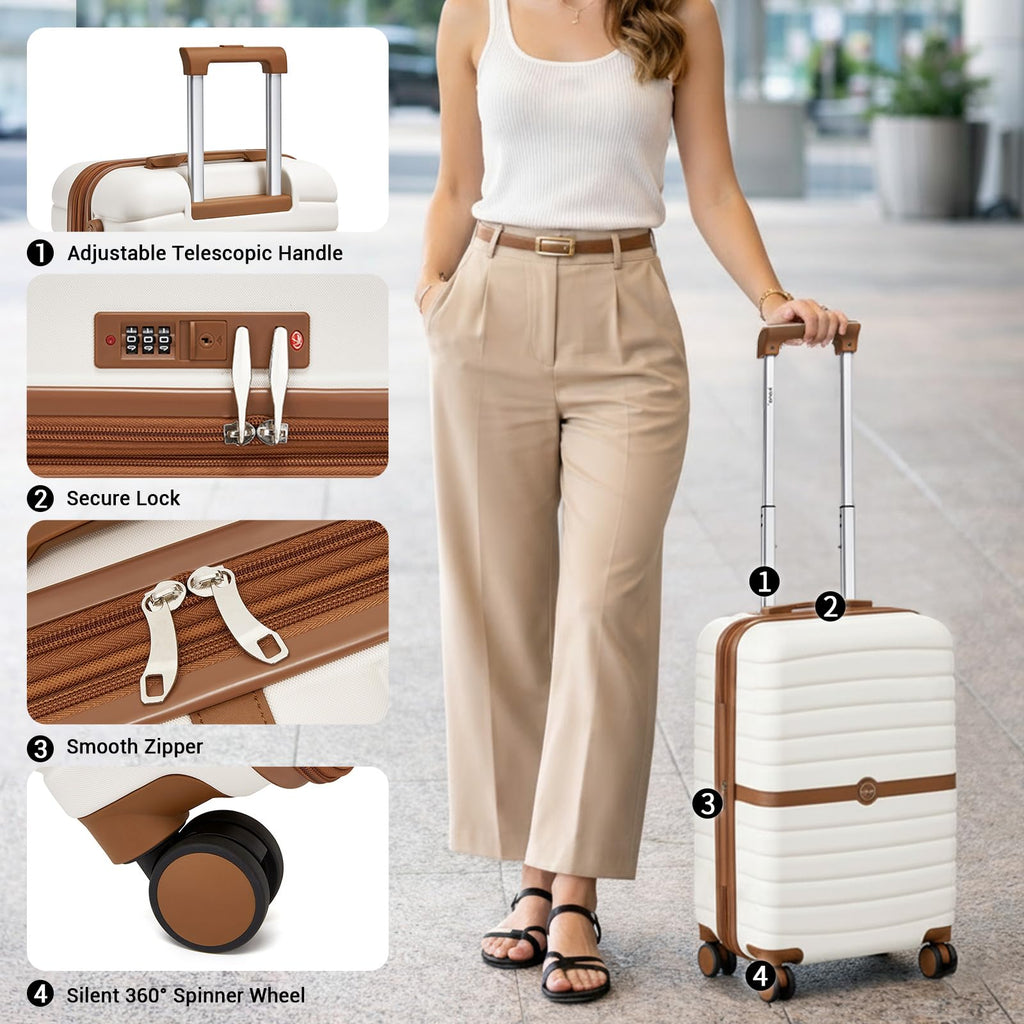 Expandable Carry On Luggage with Spinner Wheels, 20 Inch Hardshell Suitcase with Lock, White/Brown R830811