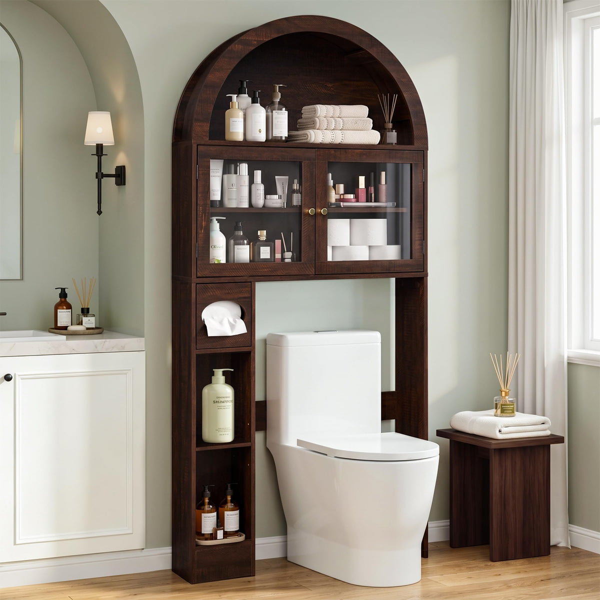 Over the Toilet Storage Cabinet with Arched Top, 68" Tall, Dark Walnut B7852