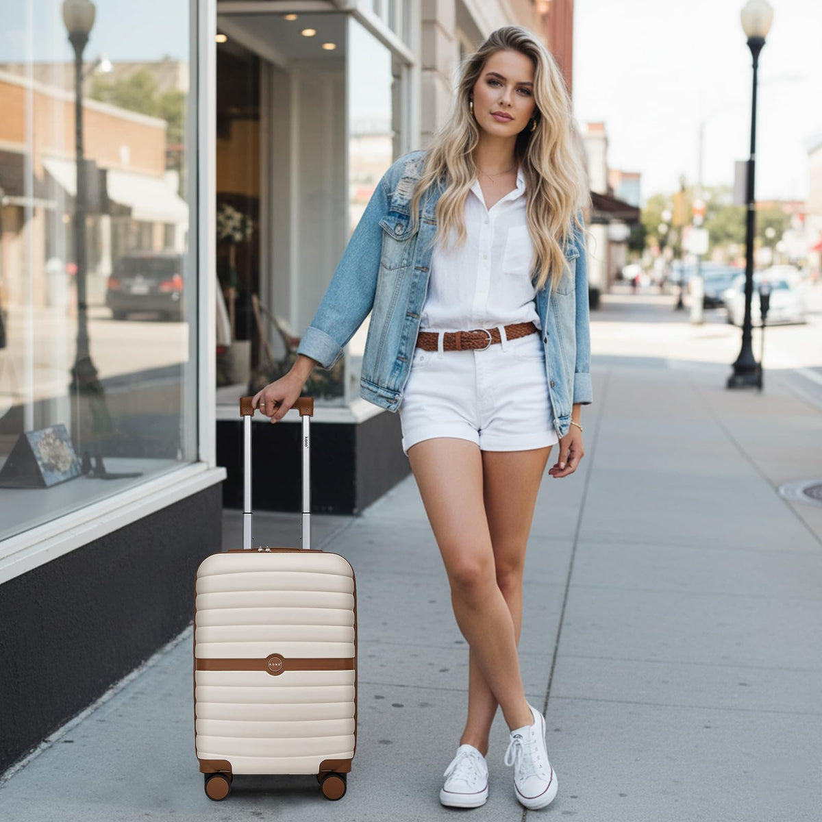 Expandable Carry On Luggage with Spinner Wheels, 20 Inch Hardshell Suitcase with Lock, White/Brown R830811