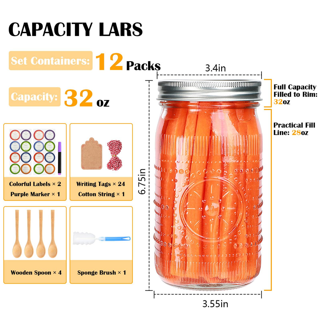 Wide Mouth Mason Jars with Lids 32oz 12 Pack P753