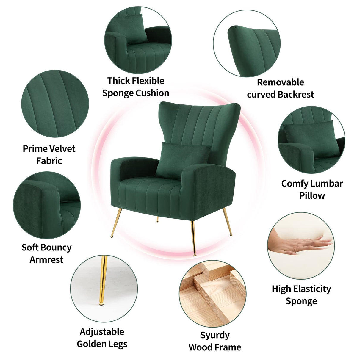 Green Velvet Accent Chairs Set of 2 with Lumbar Pillow N631077