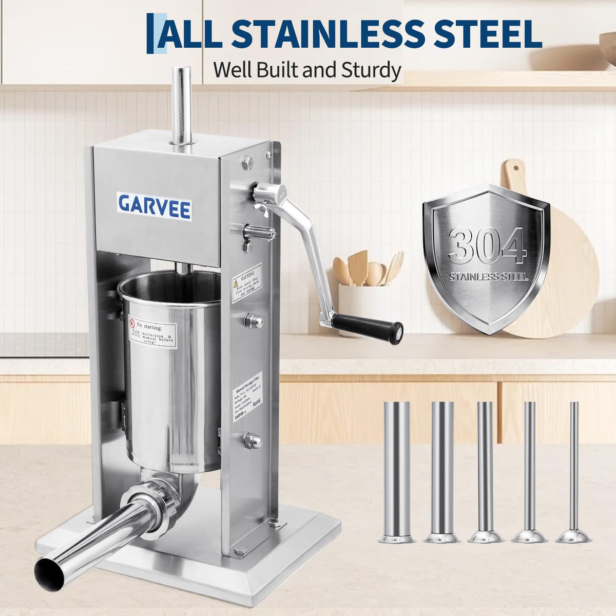 3L Stainless Steel Manual Sausage Stuffer with 5 Filling Tubes Q976