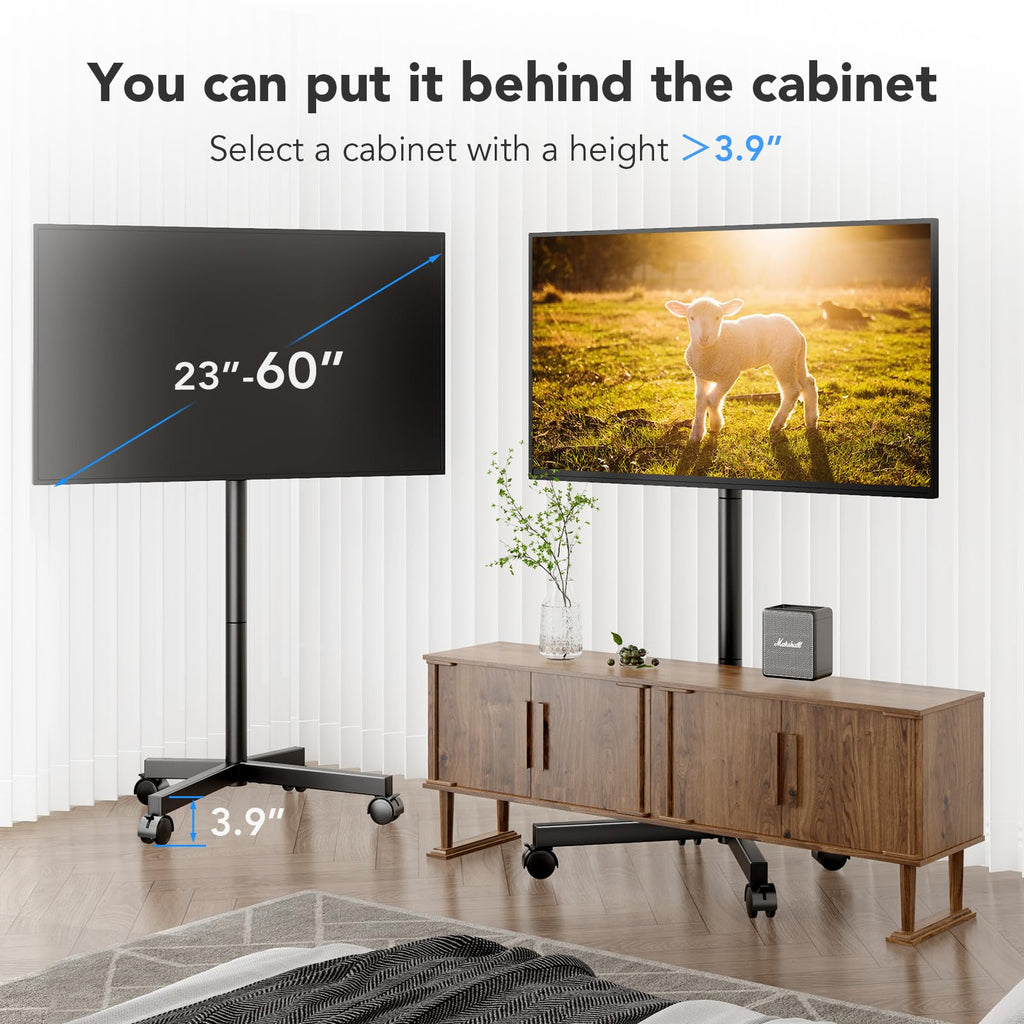 Mobile TV Cart Stand with Wheels, Height Adjustable, Holds up to 88 lbs I423