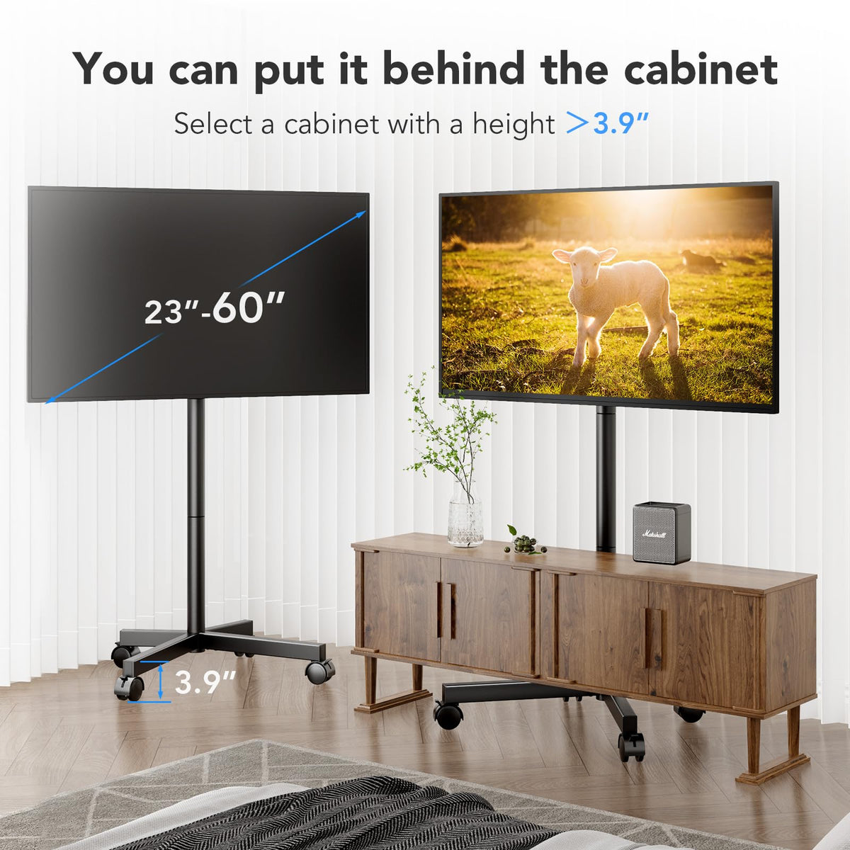 Mobile TV Cart Stand with Wheels, Height Adjustable, Holds up to 88 lbs I423