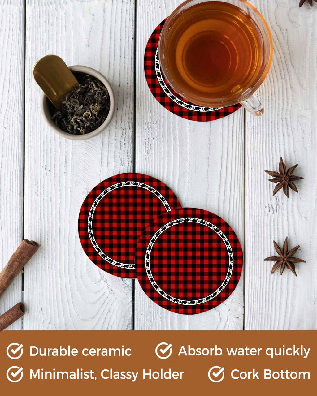 Red Black Buffalo Plaid Set of 6 Absorbent Stone Ceramic Coasters with Holder I10531