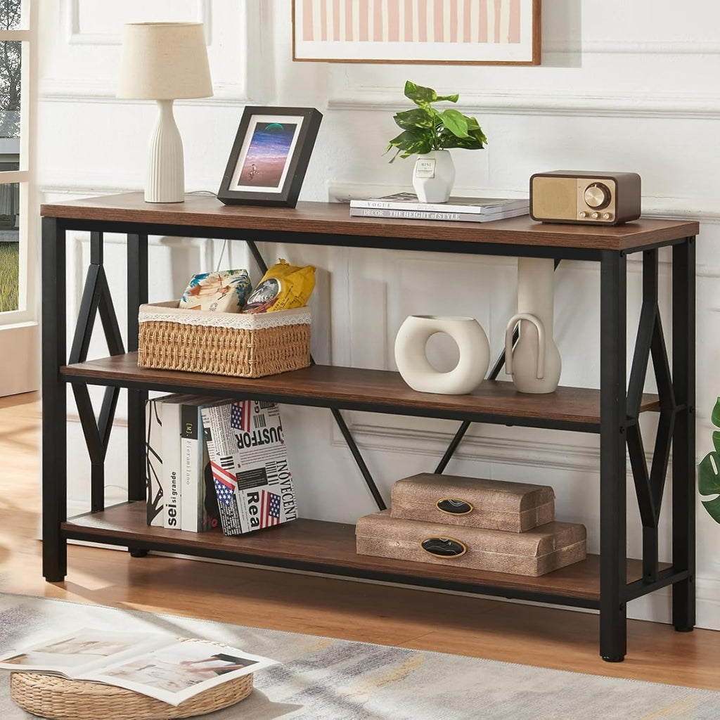 Brown 47 Inch Sofa Console Table with 3 Tier Bookshelf N318