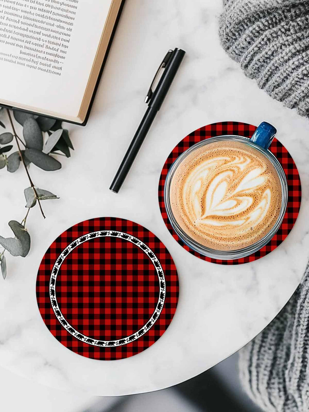 Red Black Buffalo Plaid Set of 6 Absorbent Stone Ceramic Coasters with Holder I10531