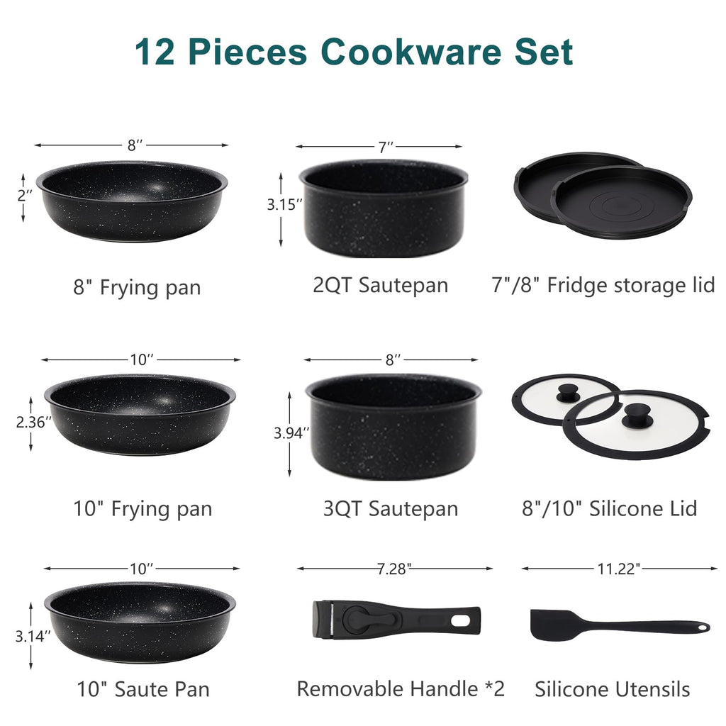 12-Piece Nonstick Cookware Set with Detachable Handle, Black I1837