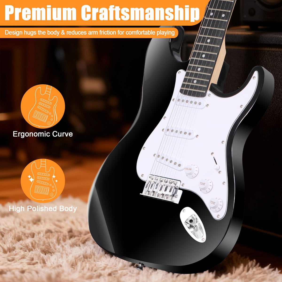 39in Full Size Electric Guitar with 10W Amp, Case and Accessories Pack, Black T236