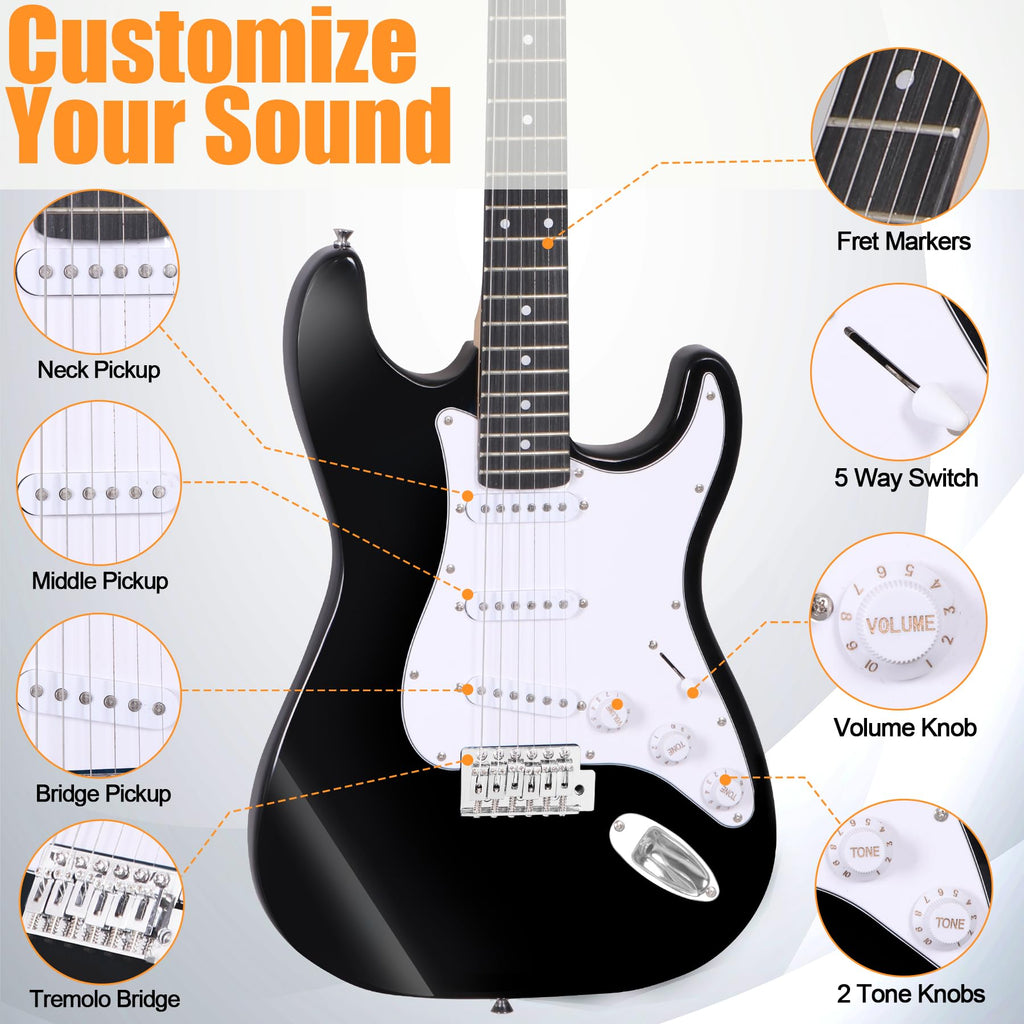 39in Full Size Electric Guitar with 10W Amp, Case and Accessories Pack, Black T236