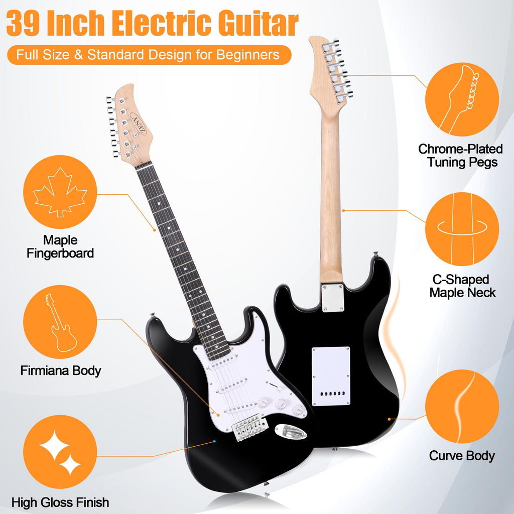 39in Full Size Electric Guitar with 10W Amp, Case and Accessories Pack, Black T236