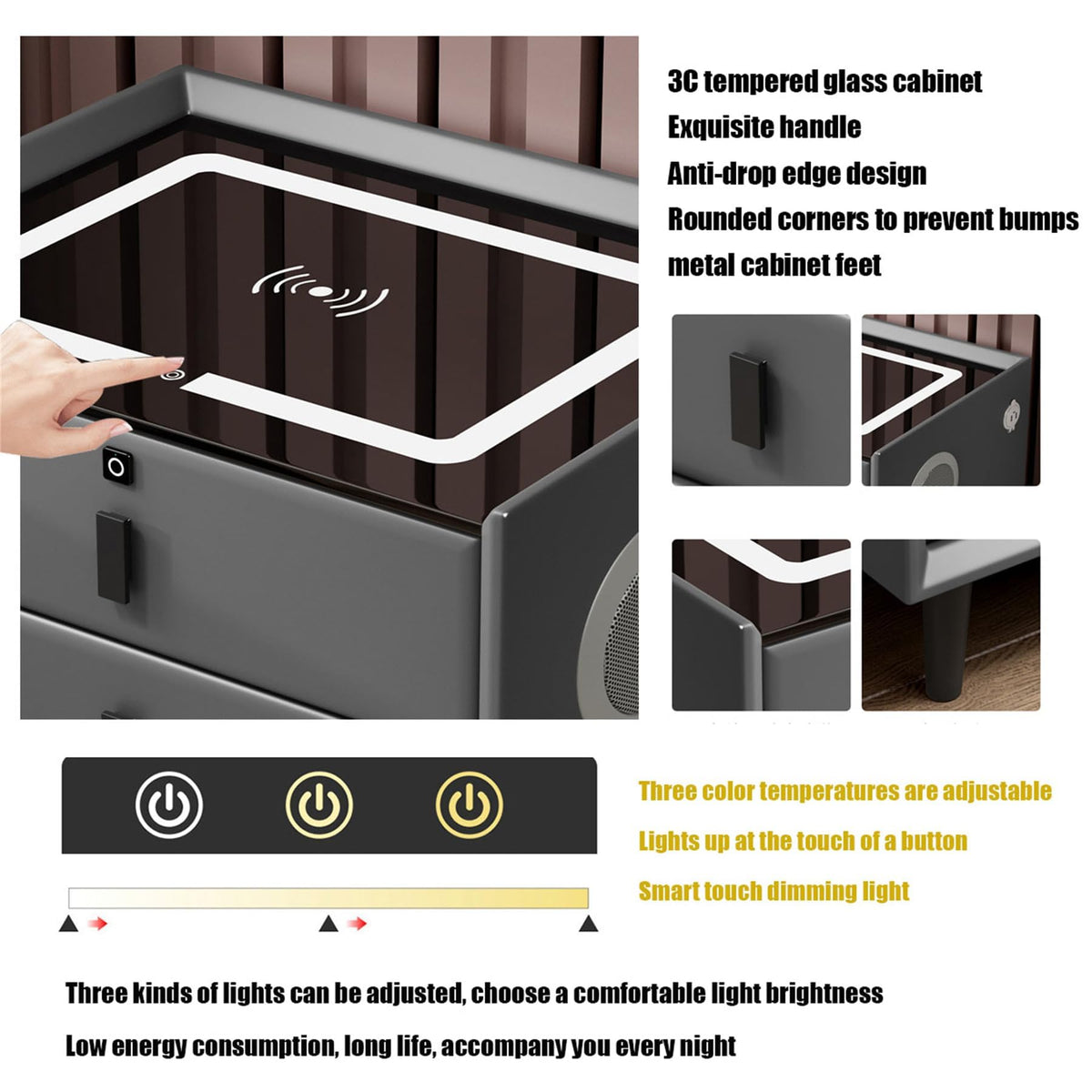 Pink 3 Drawer LED Nightstand with Wireless Charging F811133