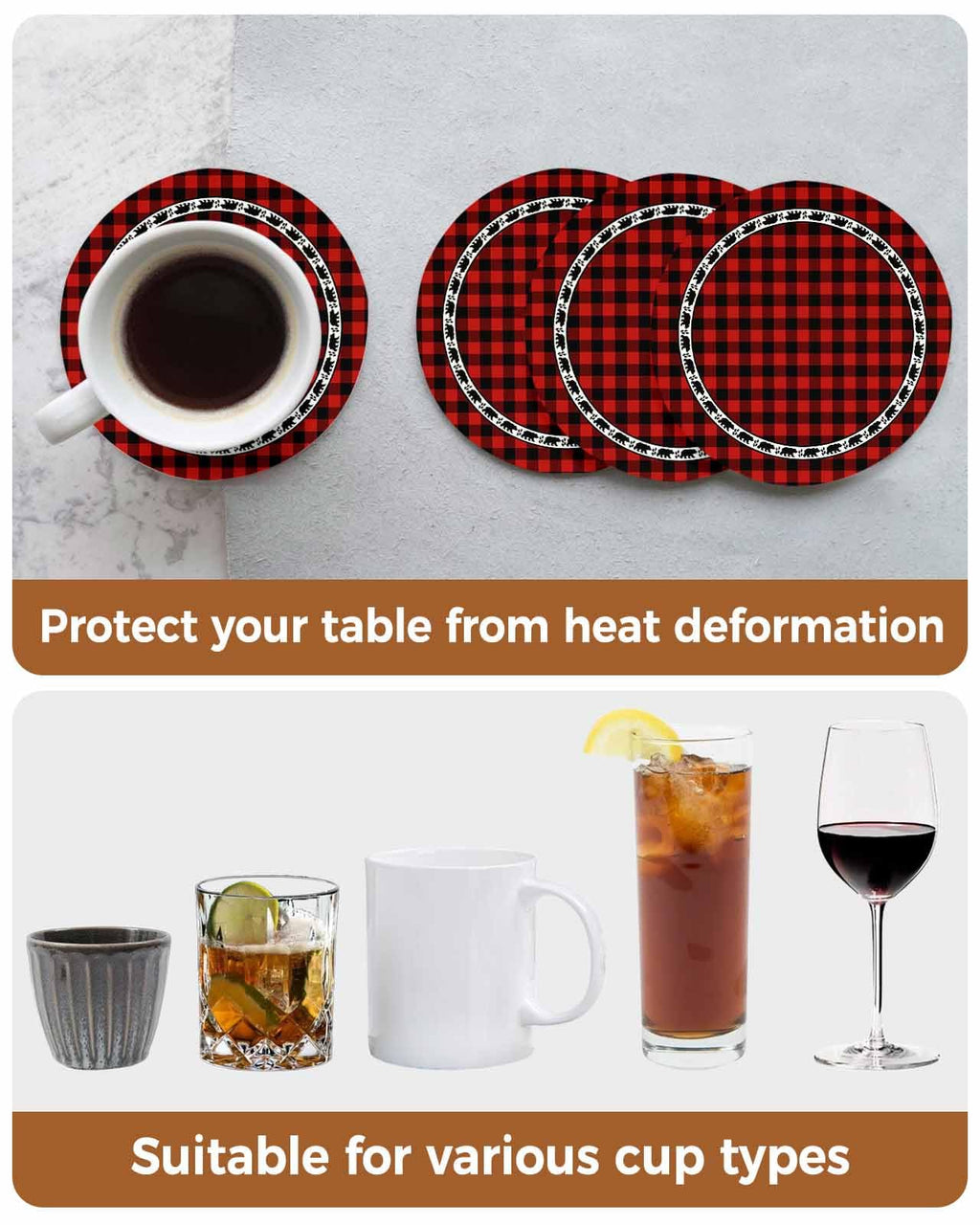 Red Black Buffalo Plaid Set of 6 Absorbent Stone Ceramic Coasters with Holder I10531