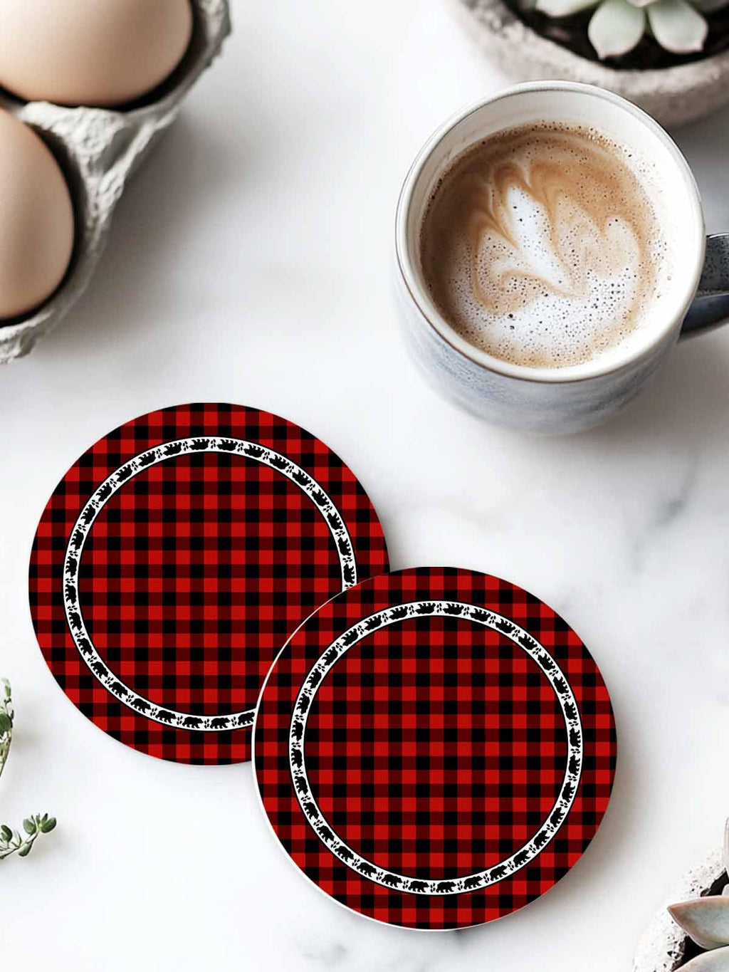 Red Black Buffalo Plaid Set of 6 Absorbent Stone Ceramic Coasters with Holder I10531