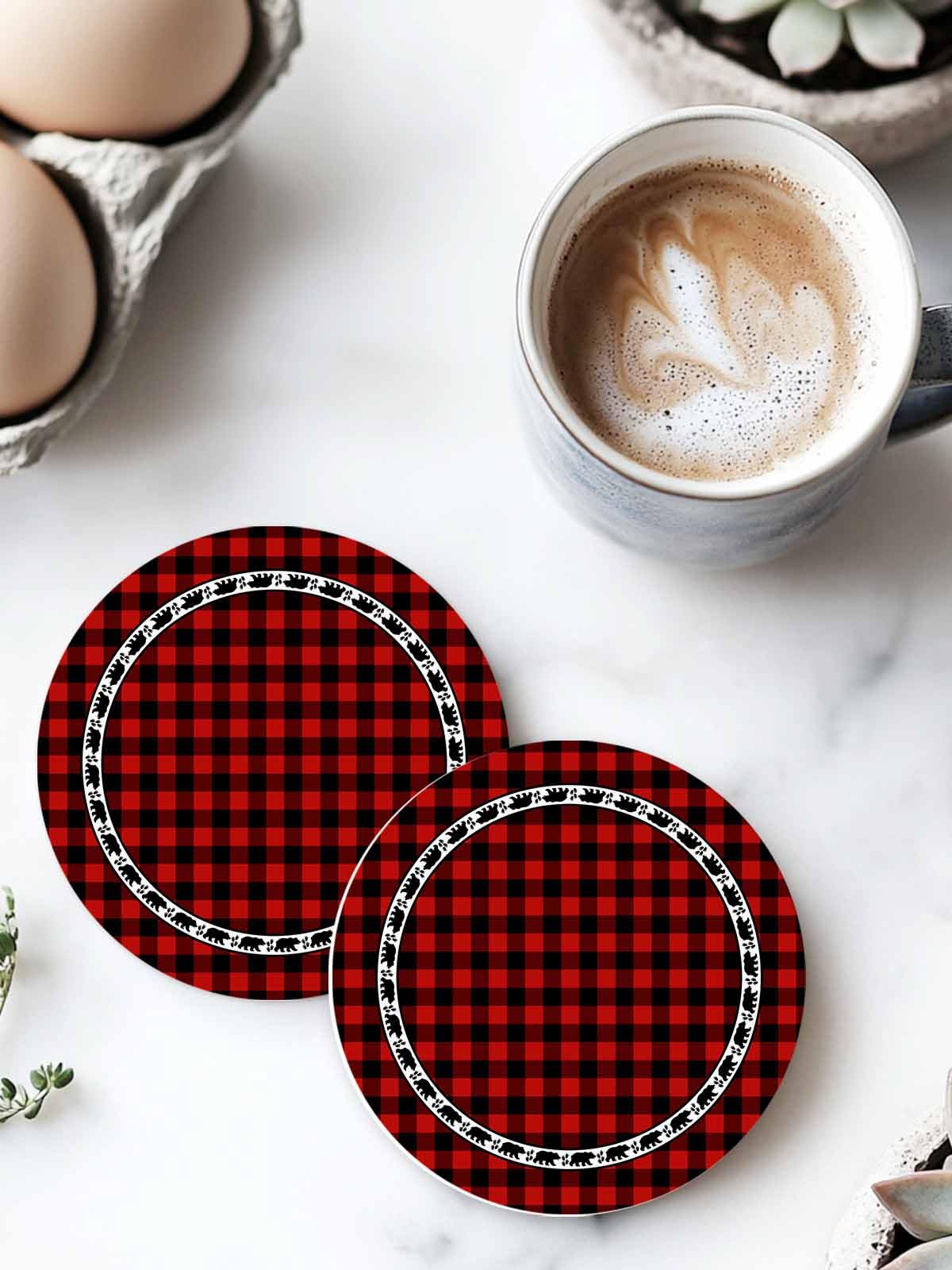 Red Black Buffalo Plaid Set of 6 Absorbent Stone Ceramic Coasters with Holder I10531