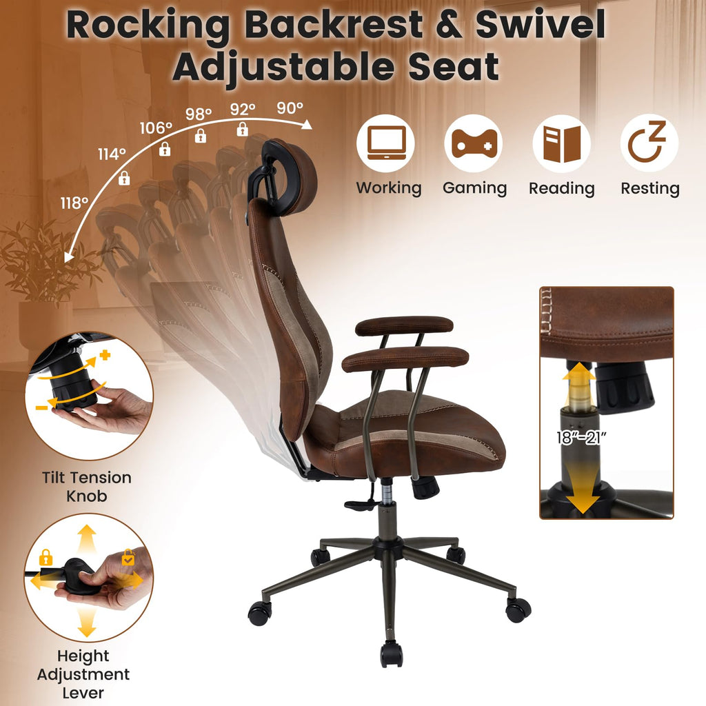 Brown Faux Fur Ergonomic Office Chair with Headrest and Wheels J665352