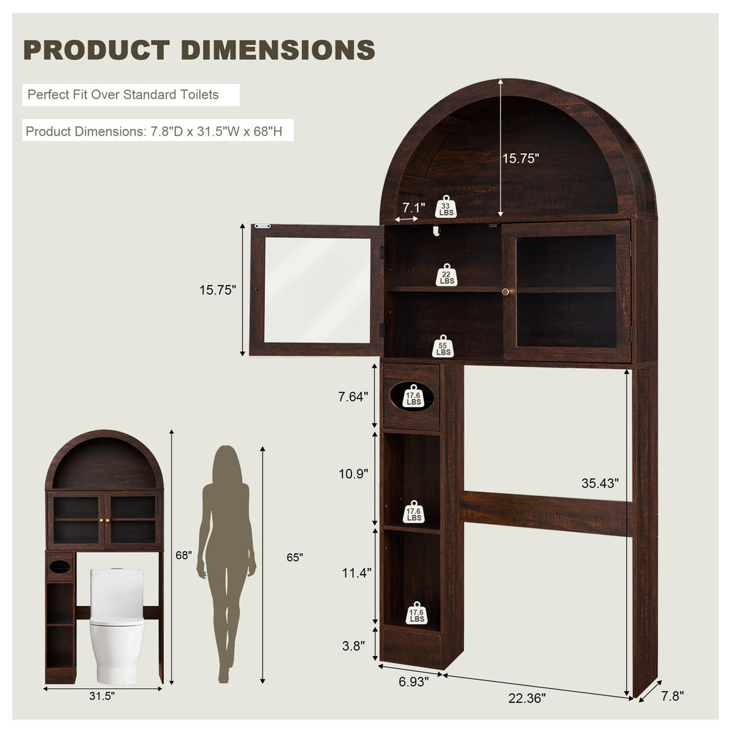 Over the Toilet Storage Cabinet with Arched Top, 68" Tall, Dark Walnut B7852
