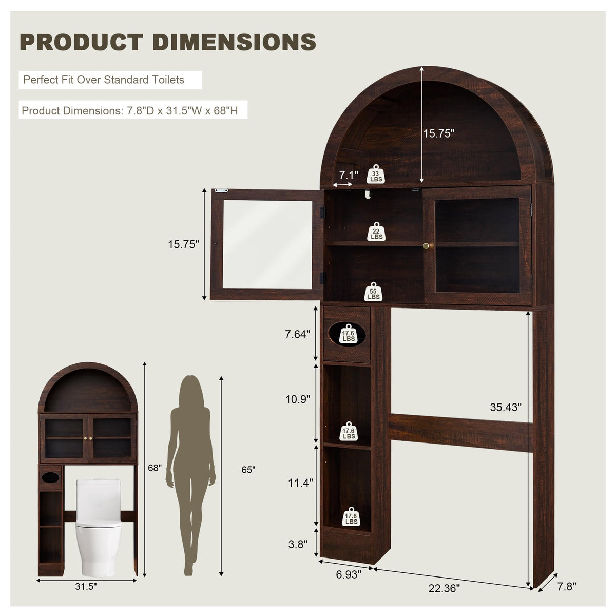 Over the Toilet Storage Cabinet with Arched Top, 68" Tall, Dark Walnut B7852