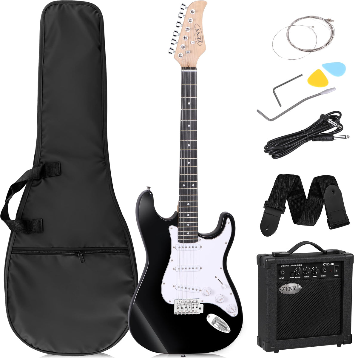 39in Full Size Electric Guitar with 10W Amp, Case and Accessories Pack, Black T236