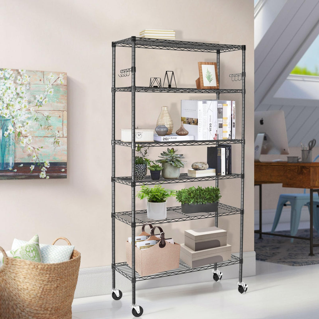 6 Tier Heavy Duty Adjustable Metal Wire Shelving Rack with Wheels, Black K248146