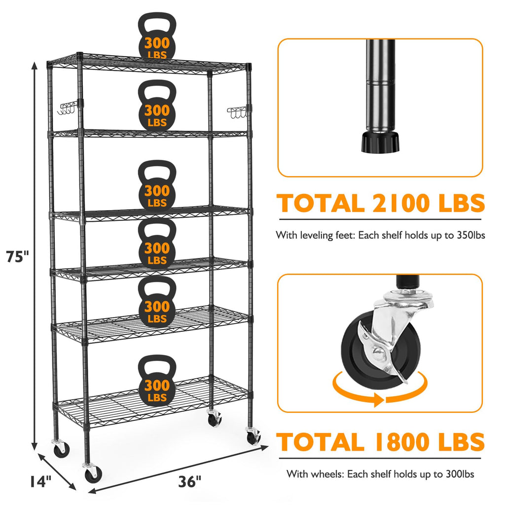 6 Tier Heavy Duty Adjustable Metal Wire Shelving Rack with Wheels, Black K248146