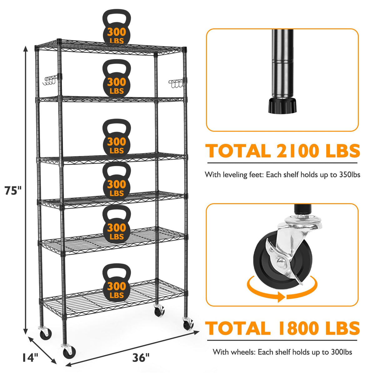 6 Tier Heavy Duty Adjustable Metal Wire Shelving Rack with Wheels, Black K248146