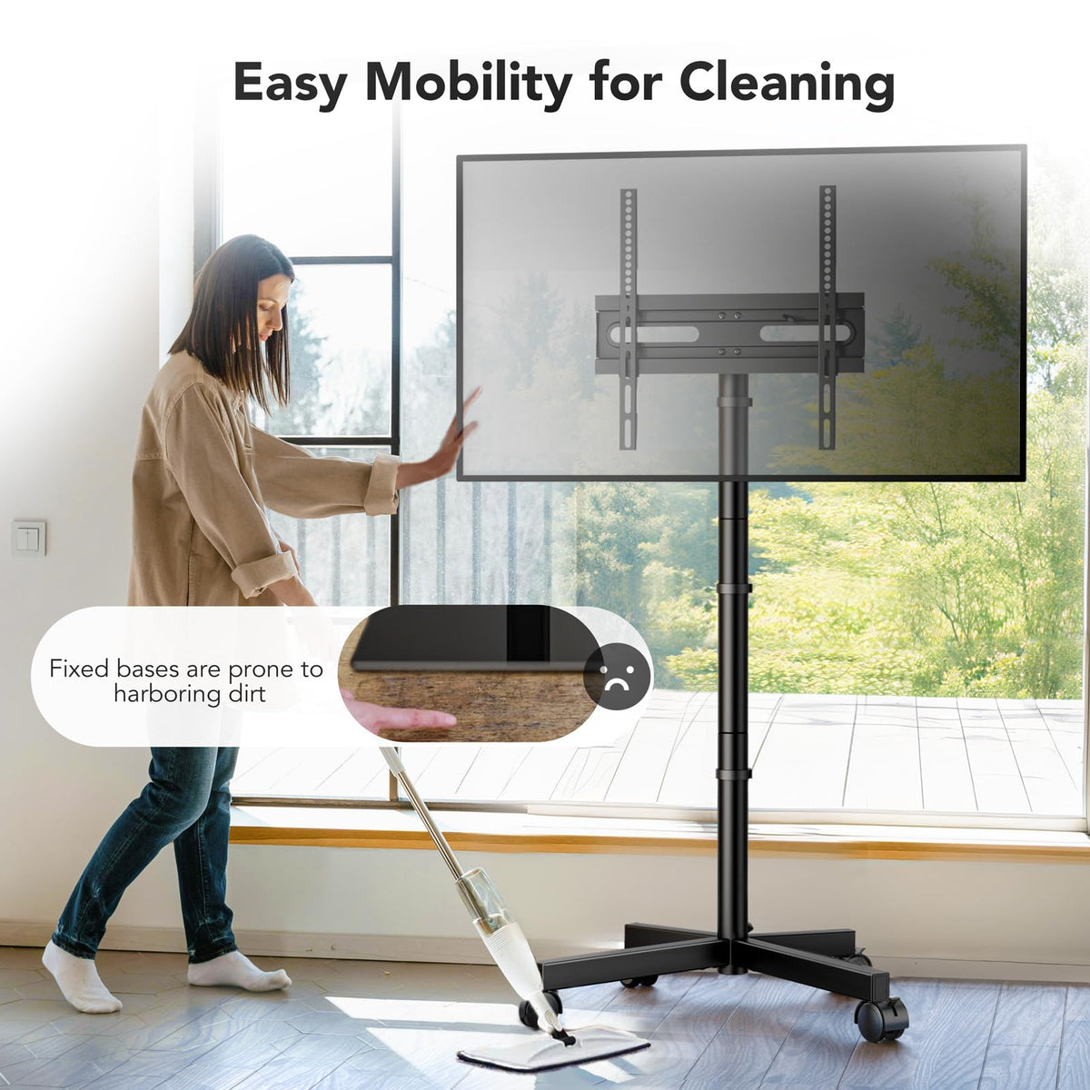 Mobile TV Cart Stand with Wheels, Height Adjustable, Holds up to 88 lbs I423