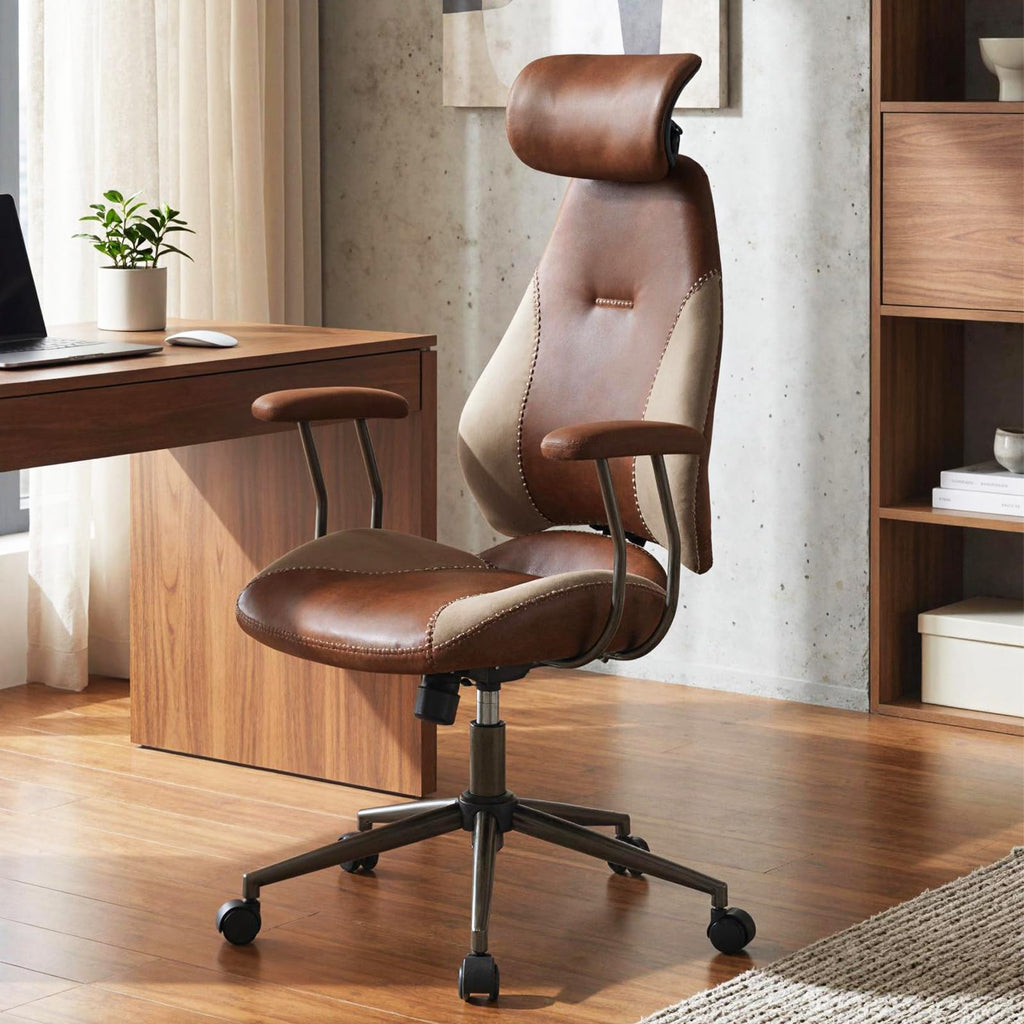 Brown Faux Fur Ergonomic Office Chair with Headrest and Wheels J665352