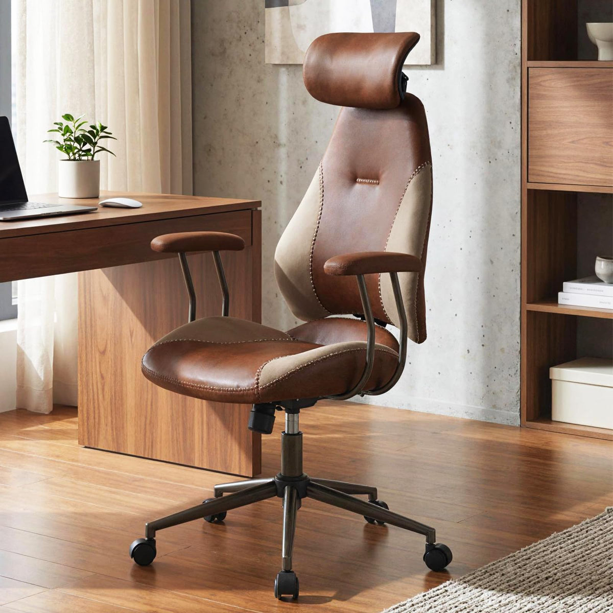 Brown Faux Fur Ergonomic Office Chair with Headrest and Wheels J665352